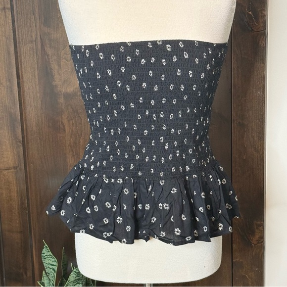 Japana Women’s Size S bandeau tube top black floral pattern peplum trim stretchy - Picture 1 of 6